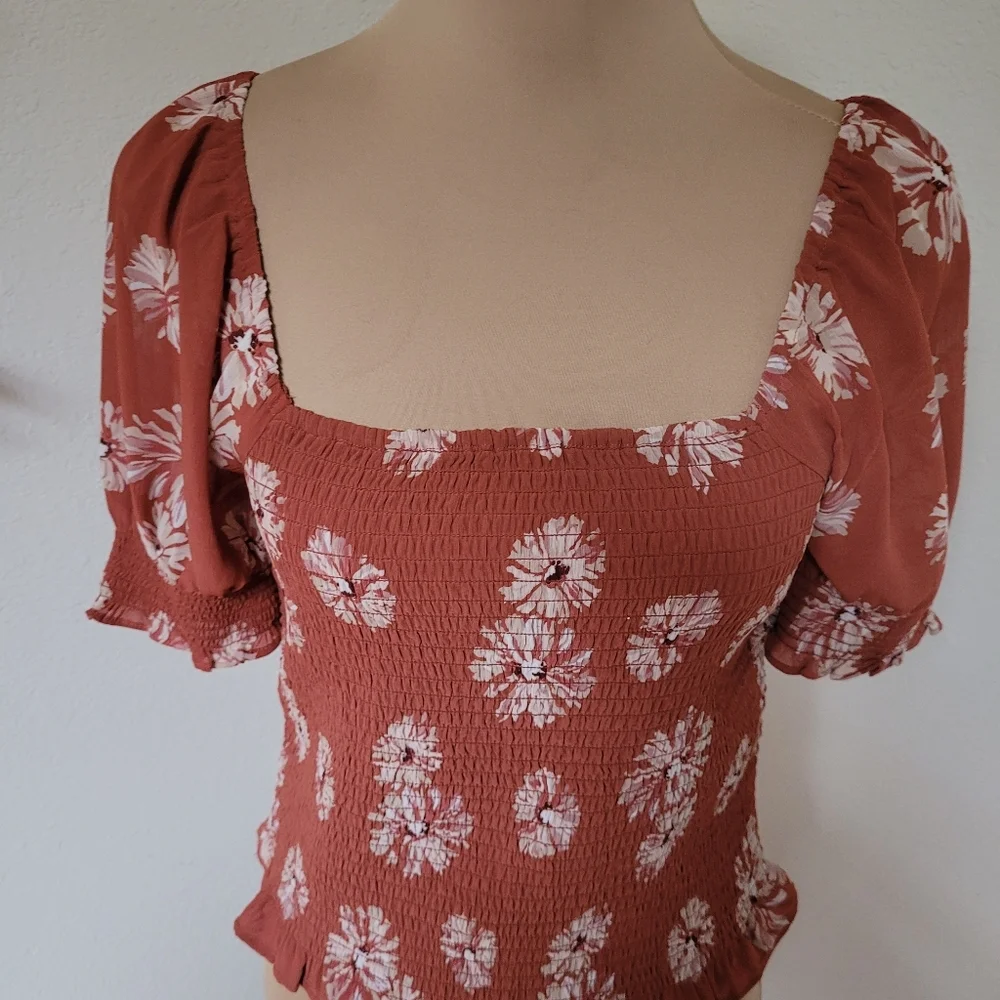 Madewell Floral Smocked Square Neck Top - Rust
